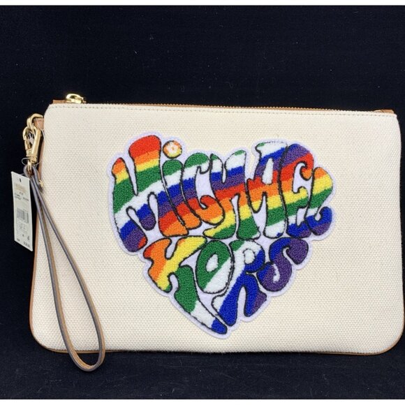Michael Kors Large Logo Rainbow Pride Canvas Zip Pouch Heart MSRP $128 Natural - Picture 1 of 10
